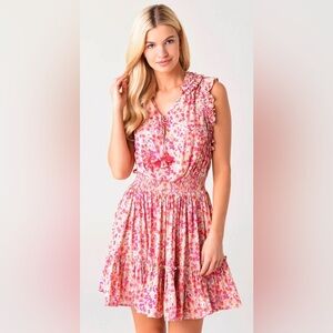 Poupette St Barth Triny Floral Pink Ruffle Dress Mini Large EUC